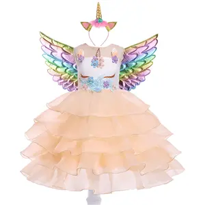 Champagne Cartoon Cosplay Costume Fancy Carnival 5066 Kids Clothes Unicorn with Headband Wings Performance Princess Party Holiday Girls Ball Gown Children Cocktail Dress 3-10Y