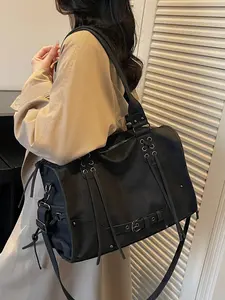 Fashionable retro functional texture tote bag with strap decoration details, Pu Tote Satchel, casual versatile large capacity shoulder bag, can accommodate tablets, files, suitable for gatherings, commuting, shopping, and socializing