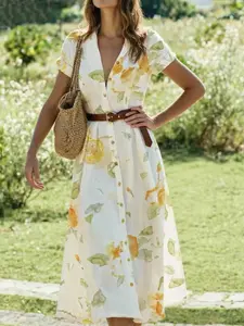 Roses Print Short Sleeve Dress, Deep V Neck Single Row Button Waist Long Dress, Summer Picnic Travel Forest Style Soft Medium-Length Dress, Floral