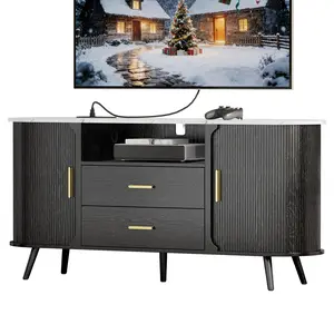 Sideboard Storage Cabinet 60 Inch Fluted Modern Entertainment Center TV Console with 2 Drawer Sliding Door for Living Room Bedroom Hallway Entryway