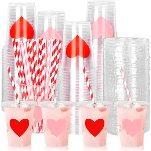 50 Pcs Valentine's Day Disposable Cups With Lids And 12 oz Cups Red Pink Cold Beverage Drinking Cups For Wedding Birthday Supplies