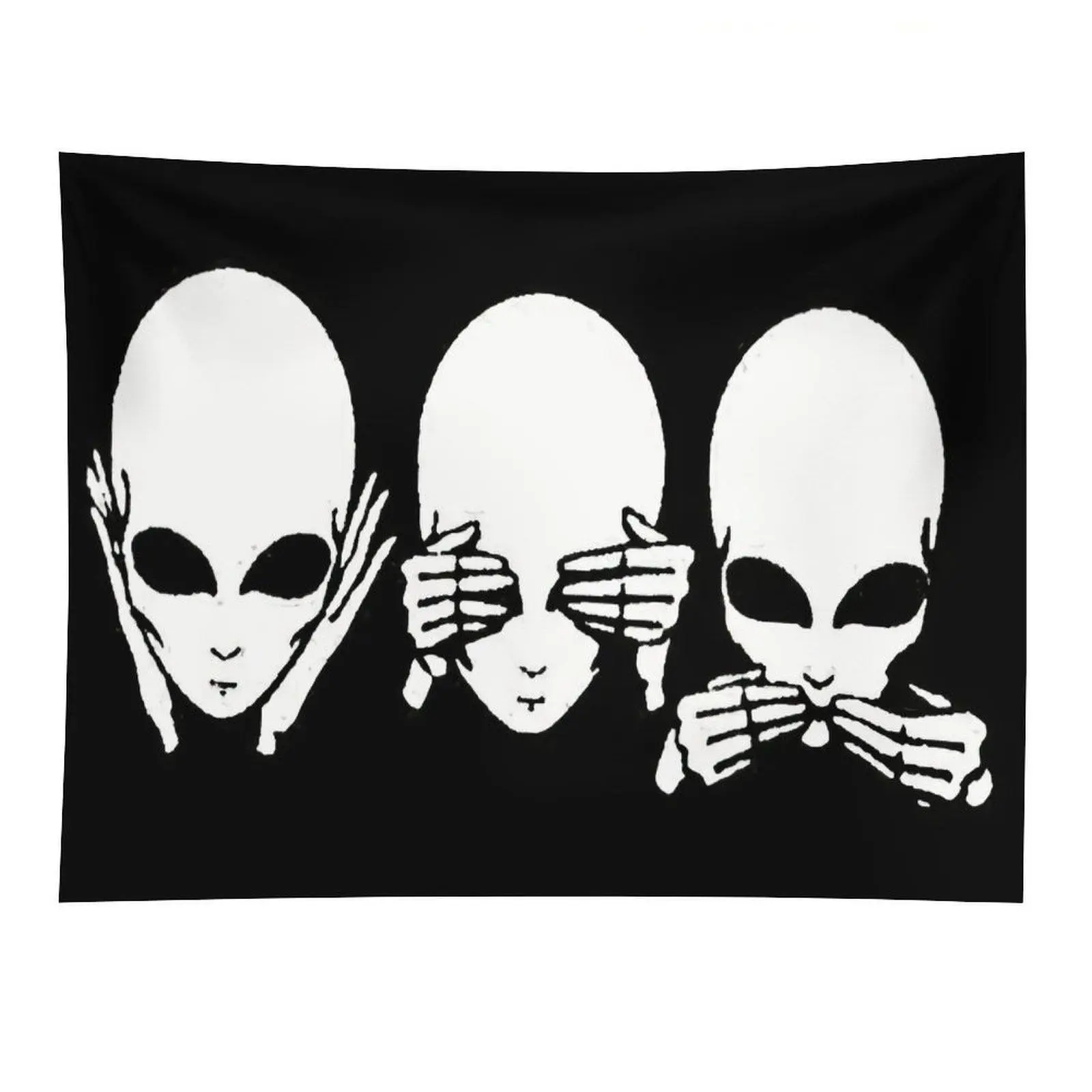 Three Wise Aliens See Hear Speak No Evil Black White Tapestry Mysterious Alien Wall Art for Dorm Room