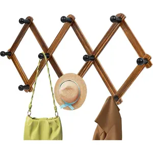Natural Wood Adjustable Expandable Accordion Wall Hooks, Retro Brown Coat & Hat Rack for Home Decor