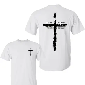 John 14:6 Christian T-Shirt with Distressed Cross Graphic, Faith-Based Religious Tee for Daily Wear, Unisex Comfortable Bible Verse Shirt, Apparel Made In The USA