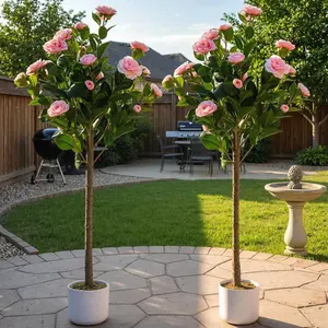 3.6FT Artificial Camellia Tree,Realistic Faux Pink Plants with 20 Bloomings,Sturdy White Pot,43" Faux Flowers Potted Plant Trees for Living Room,2pcs