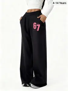 Trendy Digital Print Casual Pants for Girls, Loose Fit Straight Leg Sportswear, All Season Comfortable Long Trousers， Six Seven  Sportswear, Sportswear Bottoms