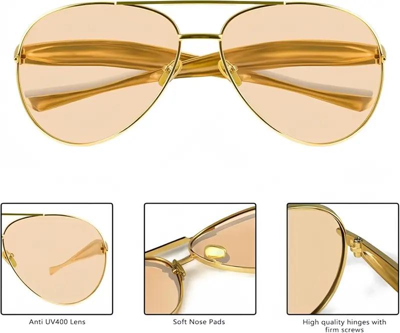 Summer Turn Up 1 PCS Large Frame Double Beam Metal Fashion Sunglasses, Advanced Retro Personality Versatile Daily Wear Street Photography Vacation Travel Beach Accessories, Gold Color Sleek Rectangular Acetate Sunglasses