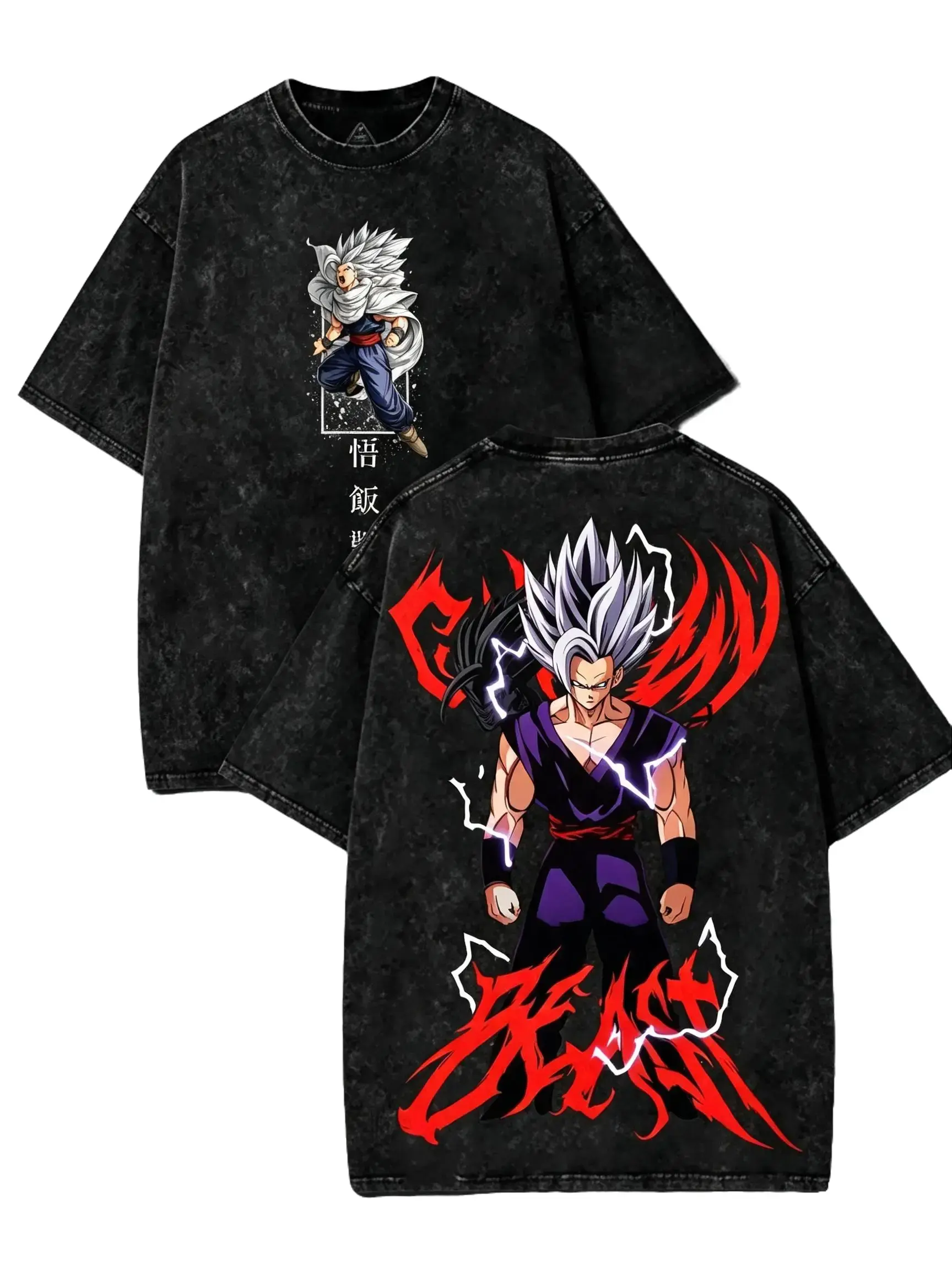 Heavyweight Vintage Washed Dragon Ball Beast Gohan Graphic Tee, Anime Manga Oversized T Shirt, Japanese Streetwear Y2K Washed Black Short Sleeve, Retro Otaku Fashion Top