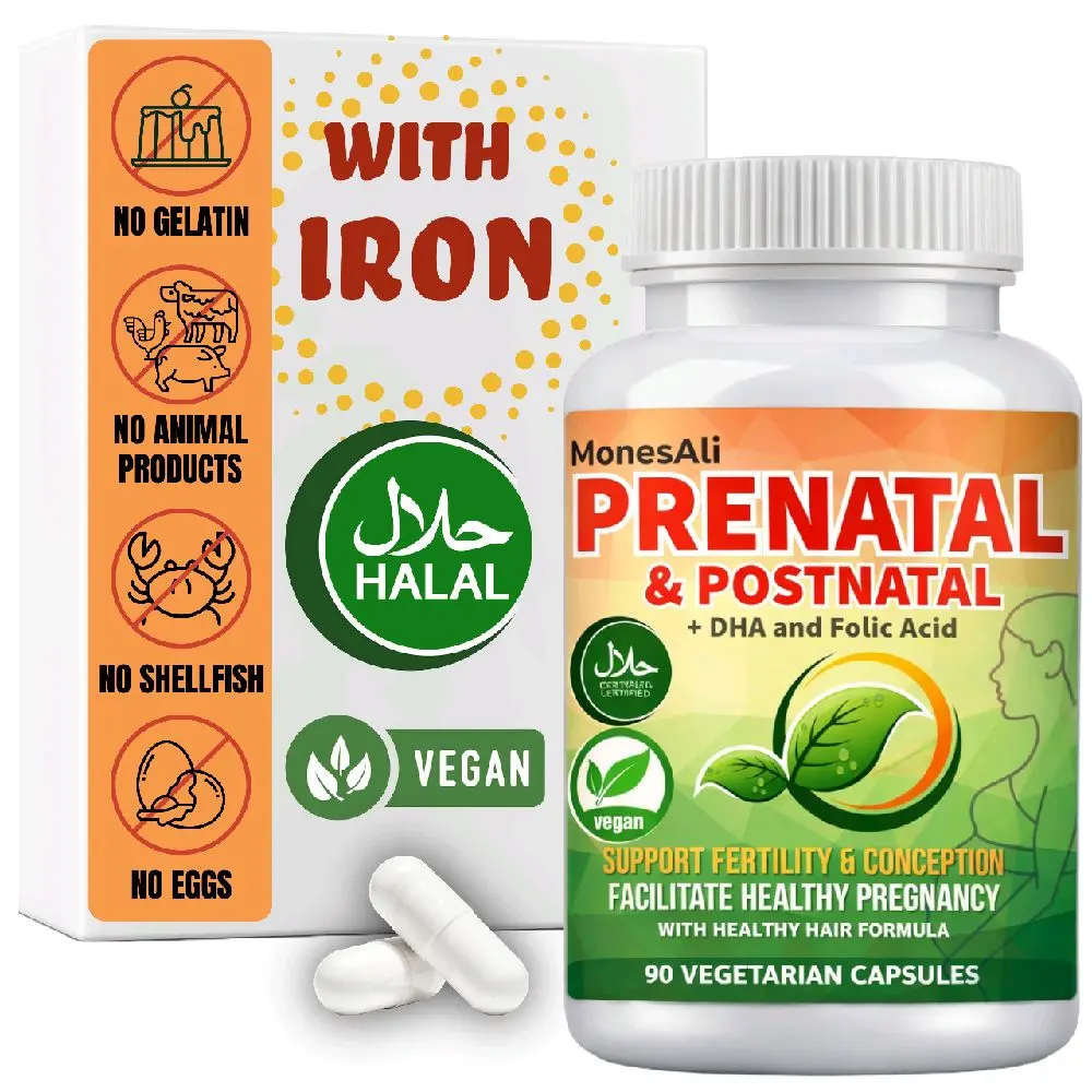 MonesAli Halal Prenatal Capsules for Women, Multivitamin Supplement, with DHA, Folic Acid and Iron. Vegan, 90 Count