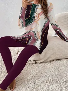 Women's Casual Printed Round Neck Long Sleeve Top & Pants Set, Fitted Moderate Fabric, Spring & Fall, Daily Wear
