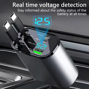 5 in 1 Retractable USB C Car Charger, 1 Type C Fast Charging Retractable Cable, 5 Ports USB Type C Charger Adapter for IPhone Ipad Xiaomi Huawei Samsung