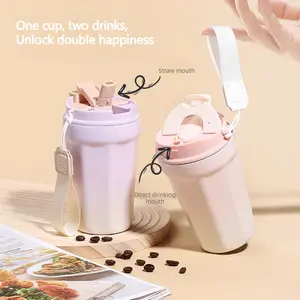 Ceramic Lined 304 Stainless Steel Coffee Cup, Insulated Tumbler with Straw and Sip Lid, Gradient Color Design, Keeps Drinks Hot or Cold, For Outdoor Travel and Office Use