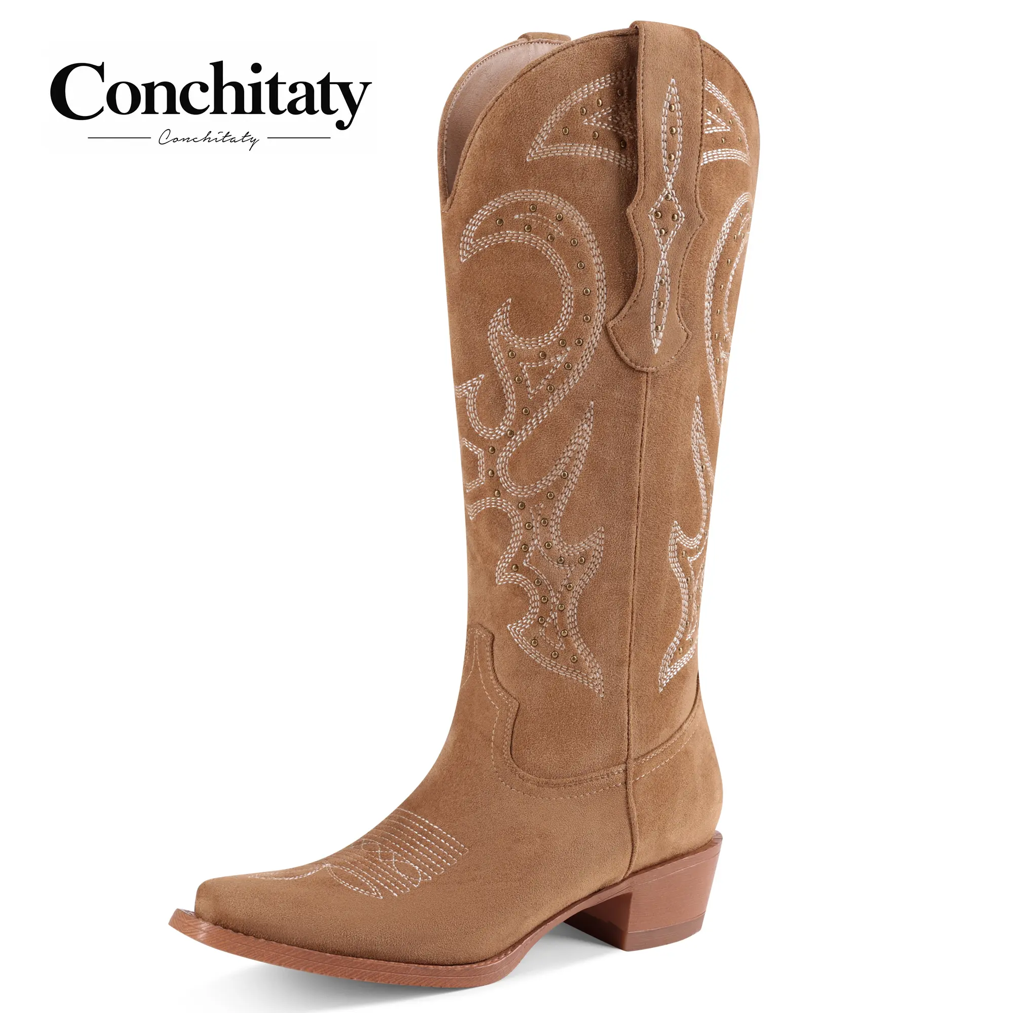 CONCHITATY Cowboy Boots for Women Knee High with Studs Western Cowgirl Boots Embroidered Zipper Square Toe Chunky Heel Pull On Retro Vintage Tall Boots for Festival, Daily Wear & Rodeo