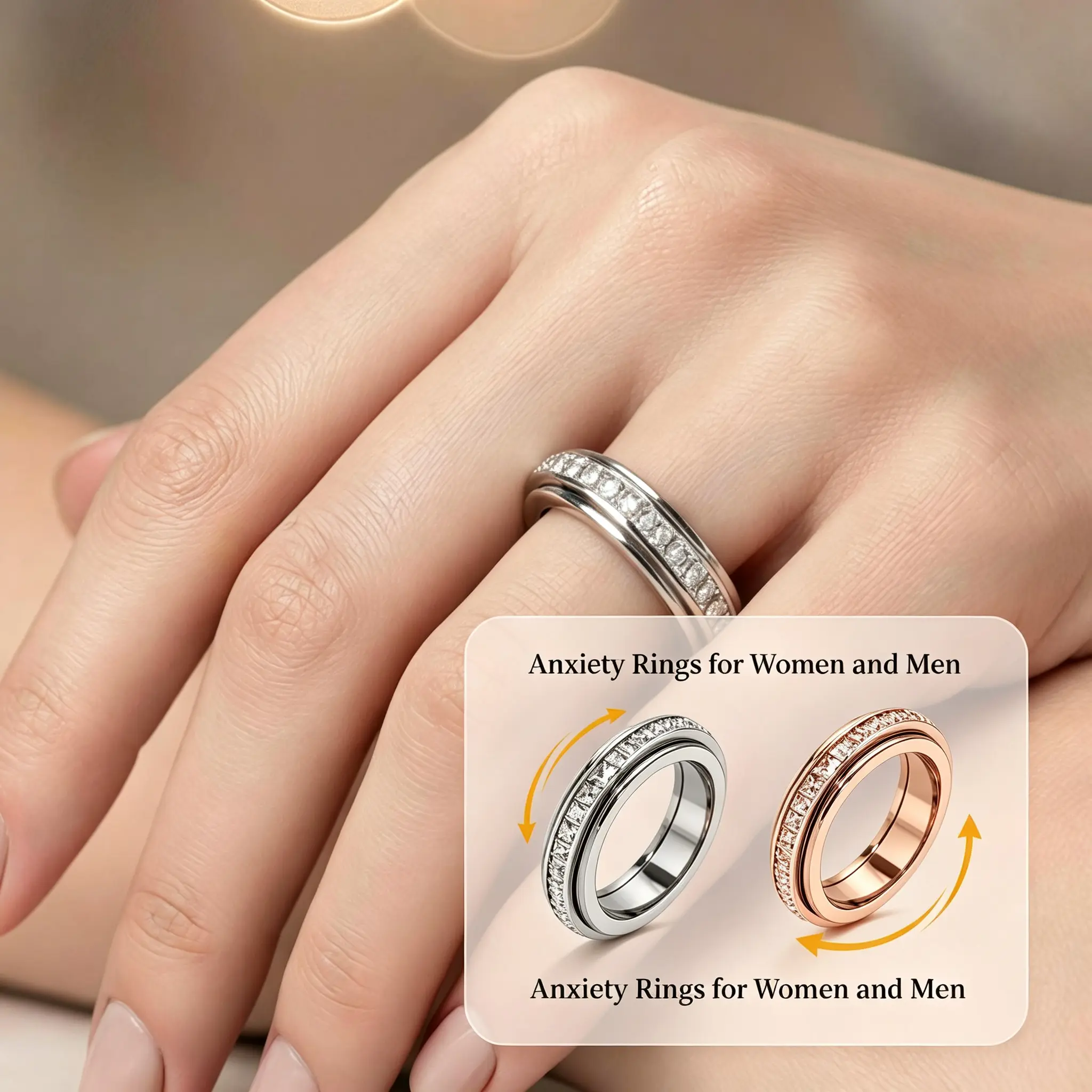 Tarnish Proof Titanium Steel Rotatable Spinner Anxiety Ring Cubic Zirconia Fidget Band Stress Relief Comfort Fit Size 6-9 Unisex Promise Wedding Band Jewelry Gift For Women Men Couples