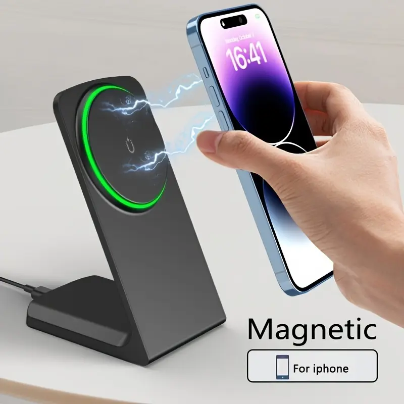 Magnetic Wireless Charger for iPhone 12/13/14/15/16/17 Pro/Max, 15W Fast Charging Desktop Stand, Apple Smart Earbuds Charging Station, Vertical Wireless Charging Dock