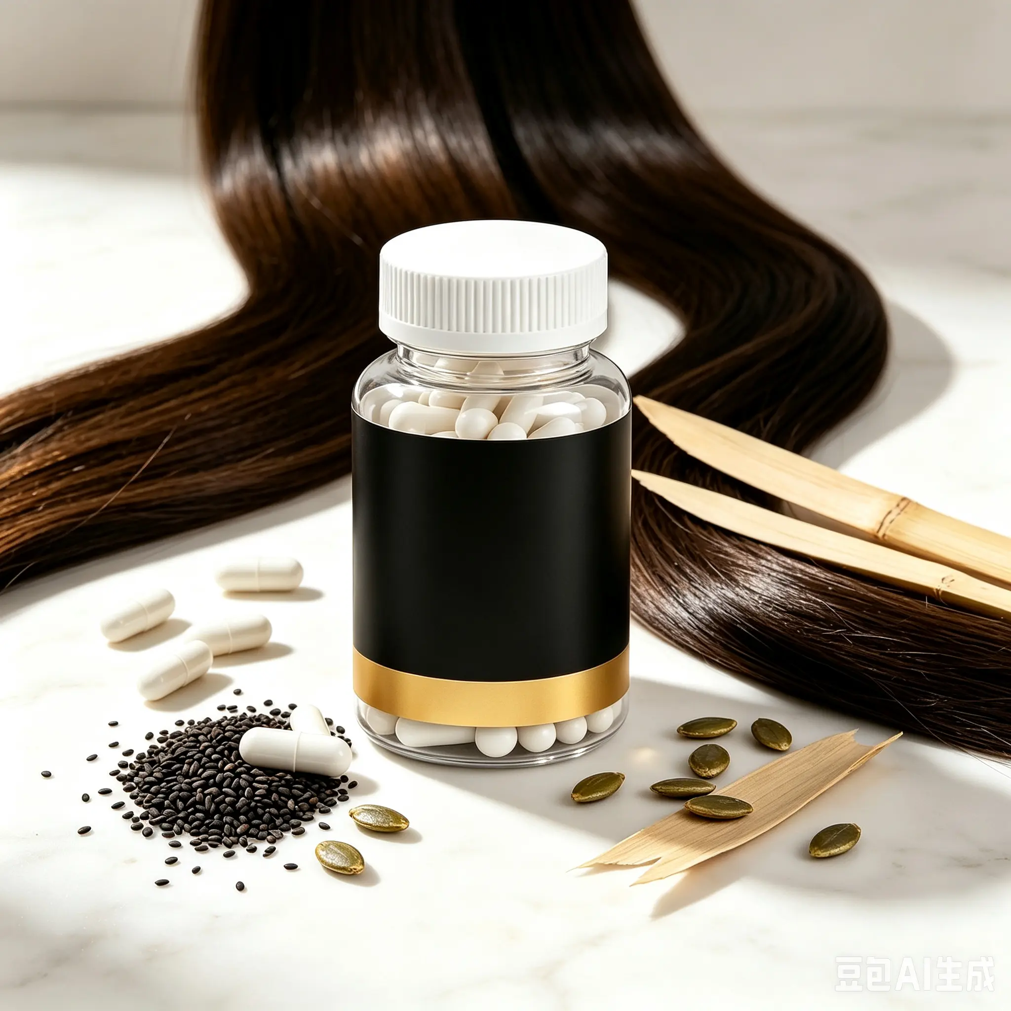 High-content biotin hair care capsules, biotin, zinc, selenium, herbal formula, strengthen hair roots, reduce hair loss, nourish hair strands, improve dryness and frizz, repair hair strands, and strengthen hair roots and follicles.
