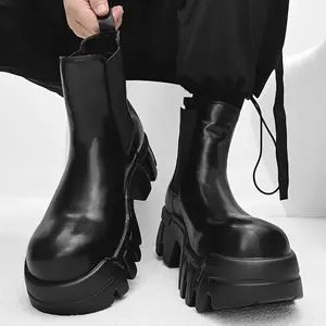 Men's Black Boots with Thick Rubber Sole - Stylish Slip-On Platform Boots for Everyday Casual Wear, High-Top Design, Easy Wear Boots | Chunky Sole Boots | Boots
