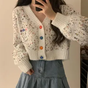 2025 Women's Autumn Winter Warm Knitted Cardigan Sweet Gentle Style Short Sweater Colorful Button Contrast V-Neck Outerwear Knitwear Womenswear Long Sleeve Fitted Casual Ivory