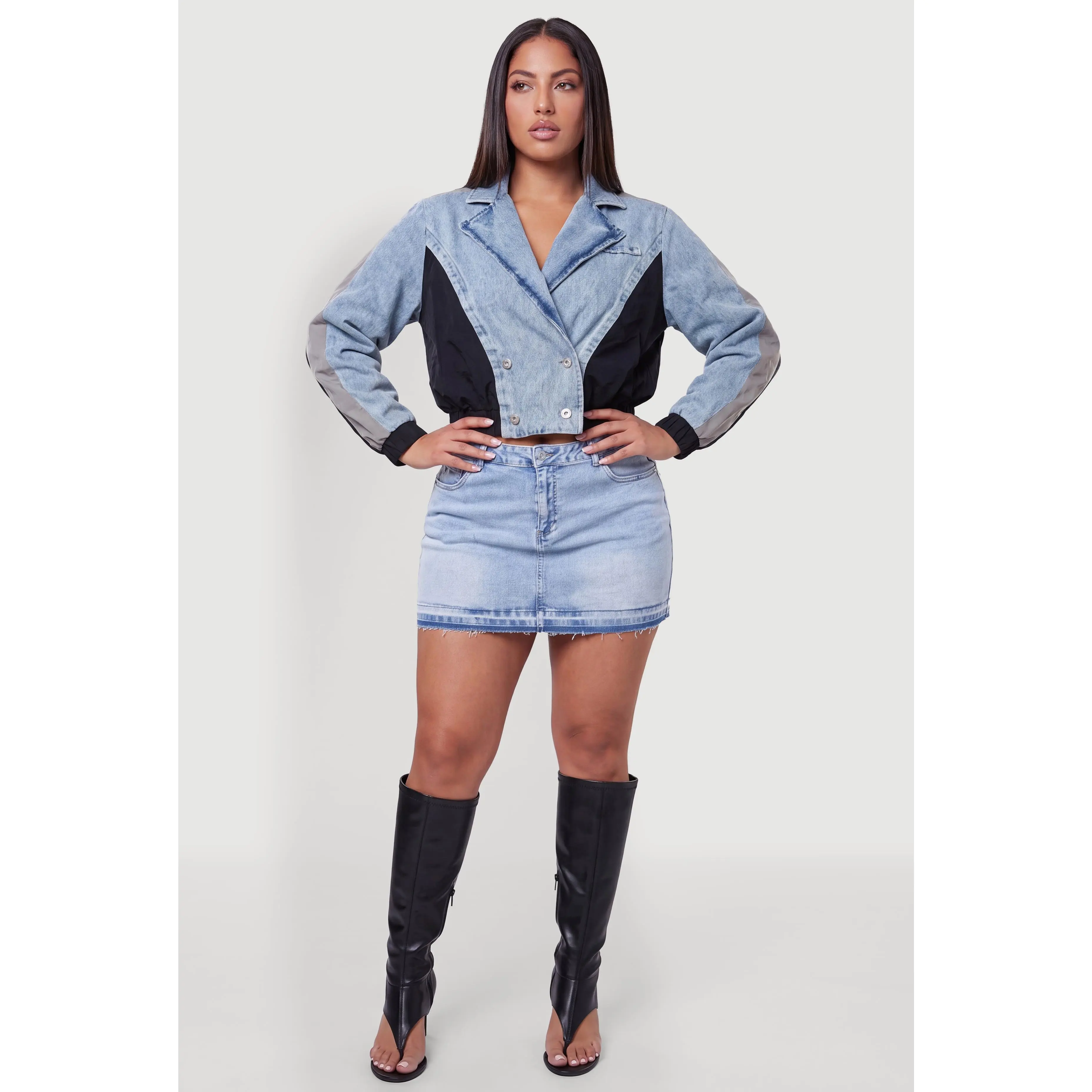 Plus Size Double Breasted Denim Mixed Media Bomber Jacket