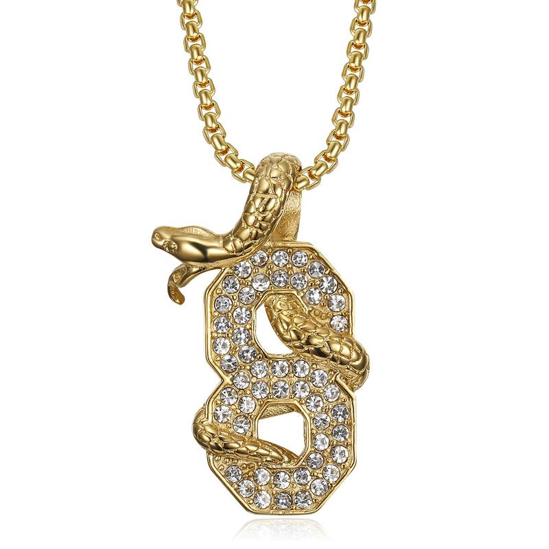 18K Gold Plated Number 8 Pendant Basketball Star Memorial Souvenir Punk Rock Stainless Steel Necklace for Men Women, 24 Inch Chain Gothic Hip Hop Amulet Snake Jewelry Gift