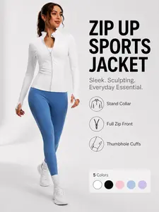 Women's Slimming Sport Jacket, Full Zip Athletic Coat with Thumb Hole Sleeves, Seamless Fitted Gym Top, All Seasons Outerwear
