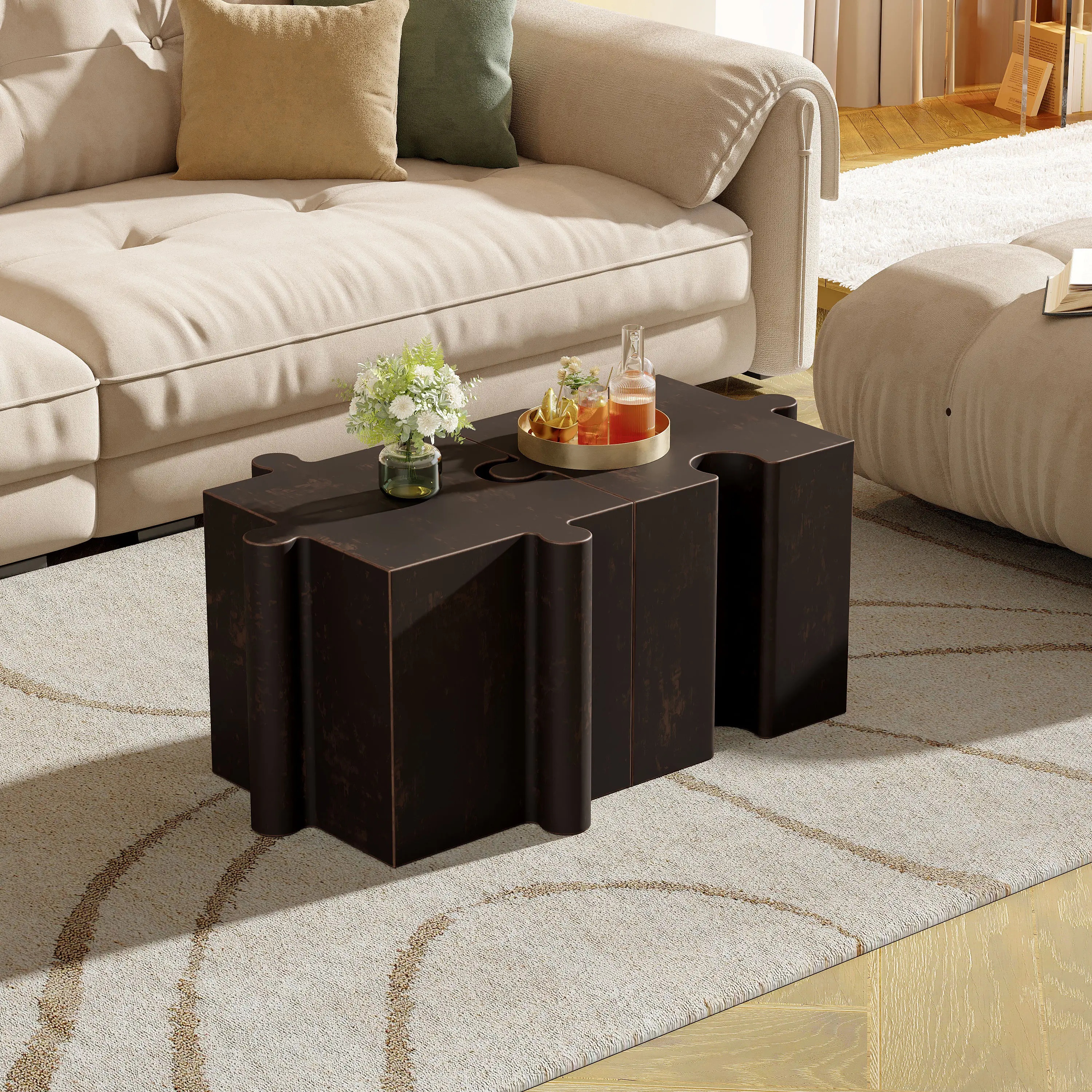 2-Piece Artistic Puzzle Side Table Set Modular MGO Interlocking Design 1 Convex 1 Concave 200lb Capacity Indoor Outdoor Antique Copper Accent End Table for Living Room Patio, Sofa Side Table, Bedroom Nightstand, Office, Living Room Table for