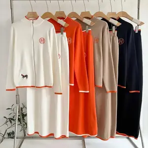New Creative Spurs Embroidery Color blocked Long sleeved Wool Jacket and Casual Knitted Short Skirt Set, Suitable for Women's Basic Set, Minimalist, Black, Beige, Orange and White
