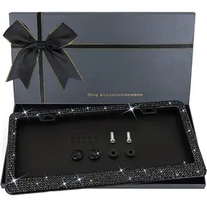 Bling License Plate Frame for Women, 1 count Sparkly License Plate Frames| Over 1200 count 14 Facets Bedazzled Clear Glass  Rhinestone  w/Free Glitter  Box (Black)