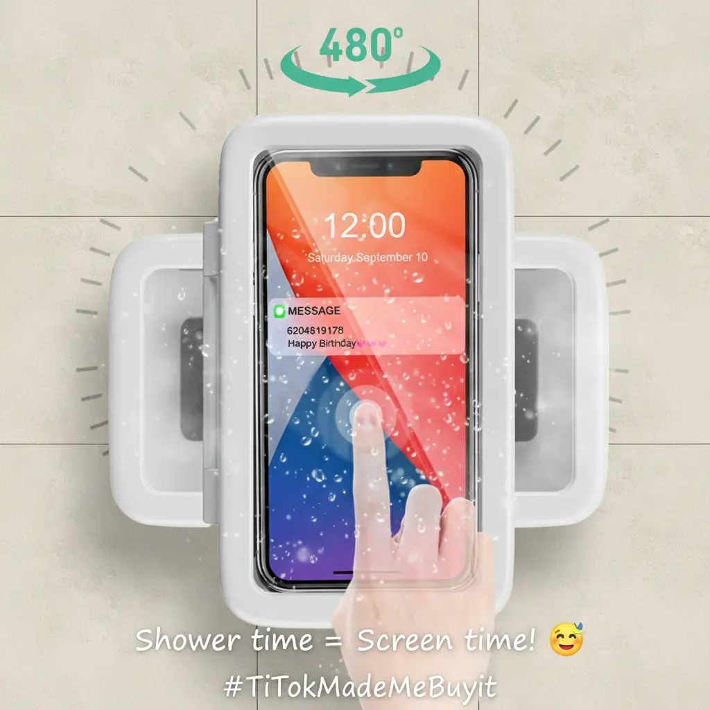 Waterproof Shower Smartphone Stand Wall Mount - 480° Rotating Anti-Fog Cellphone Case, High-Sensitivity Touch Screen, Hands-Free Bathroom Gadget for iPhone 17/16/15/14/13 & Samsung (Fits 4-7" Mobile Accessories)