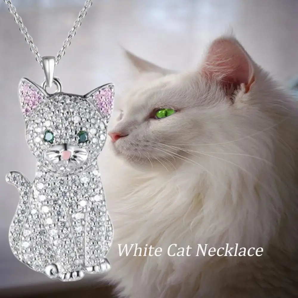 1Pc Exquisite Silvery Pink Ear White Cat Zinc Alloy Pendant Necklace for Women Cute Pet Cat Jewelry Accessories Cat Lovers Anniversary Holiday Christmas Gift