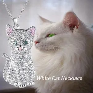 1Pc Exquisite Silvery Pink Ear White Cat Zinc Alloy Pendant Necklace for Women Cute Pet Cat Jewelry Accessories Cat Lovers Anniversary Holiday Christmas Gift