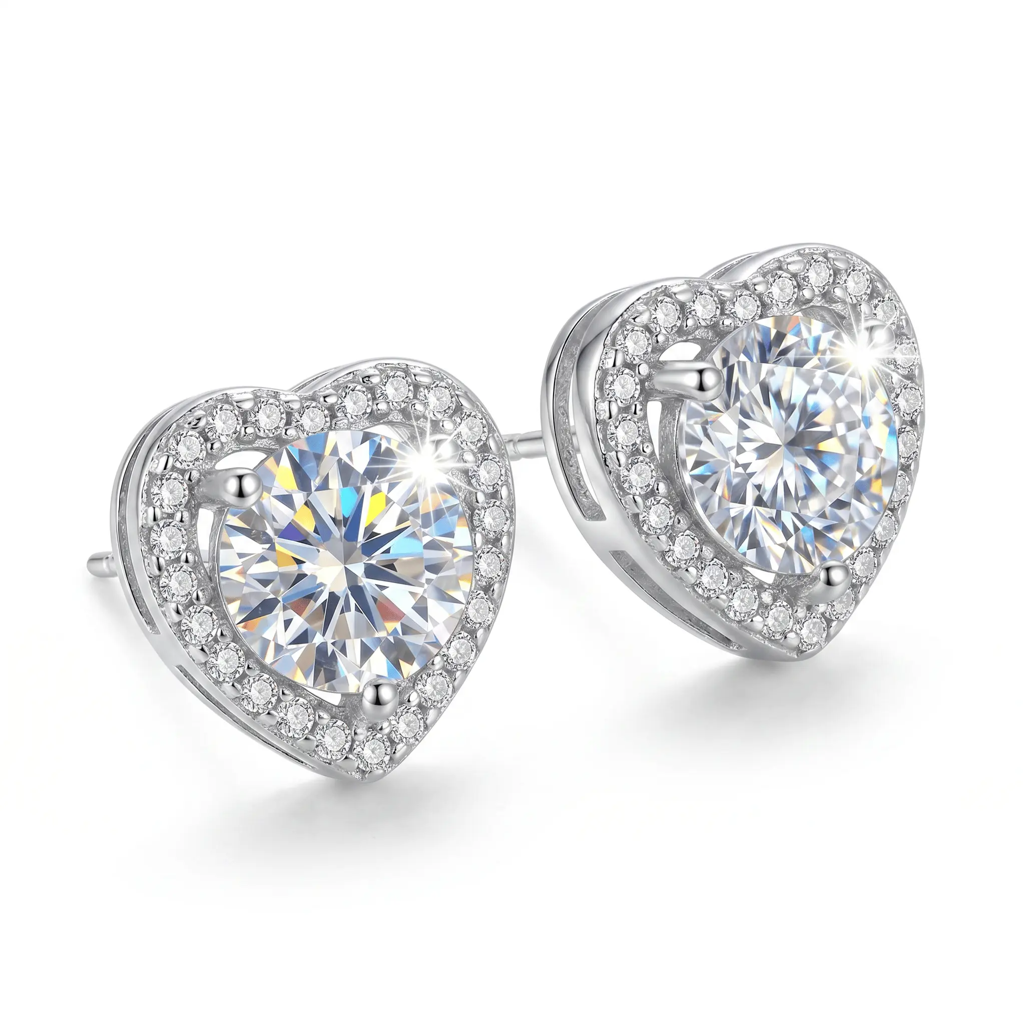Women's Dainty Heart-Shaped Cubic Zirconia Halo Plug Earrings - Diamond Stud Earrings, CZ Simulated Diamond Pierced Jewelry, Female Fashion Gift for Valentine's Day, Anniversary, Heart-Shaped Earrings