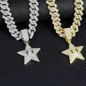 MaxBling81 Iced Out Mario Star Cubic Zirconia Hip-Hop Pendant Necklace with 14mm Cuban Chain - 18in,20in,24in Lengths - Unisex Fashion Costume Jewelry, Hip-Hop Necklaces, Iced Out Necklaces
