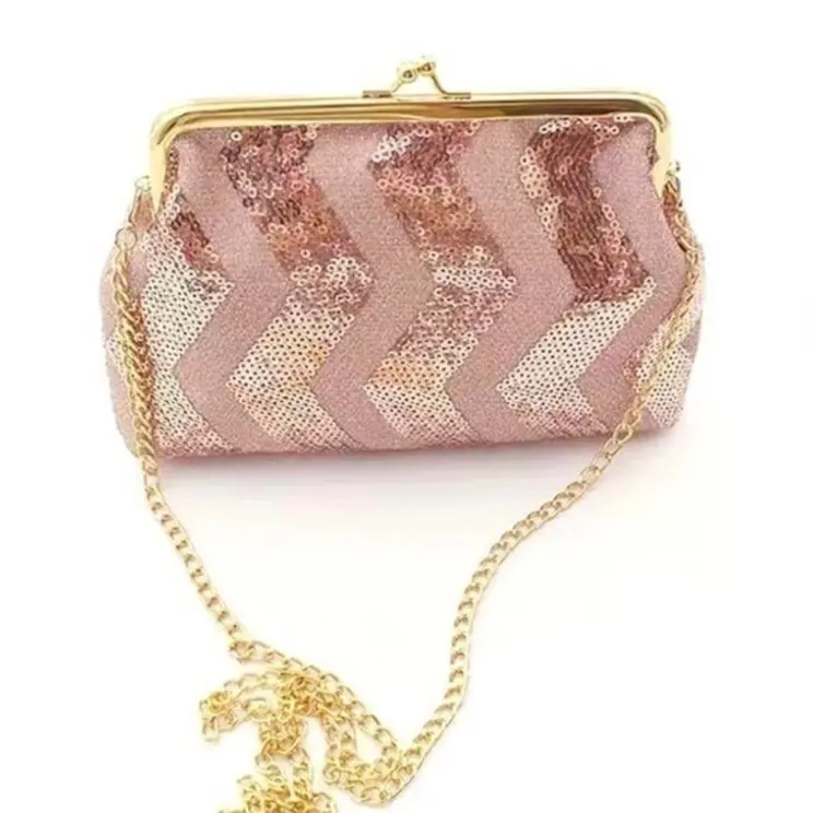 Pink Sequined Shoulder Bag With Gold Chain