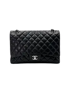 Pre-owned CHANEL leather Shoulder Bags Classic Flap Black Quilted Lambskin Maxi Flap Bag With Silver Buckle(13***54) IRIS186
