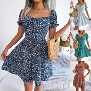 Women's Casual Bohemian Floral Smocked Square Neck Short Sleeve Ruffle Flowy Mini Dress - Comfortable, Elegant Style for Summer Beach Wear