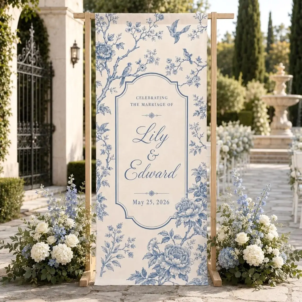 Personalized Blue Chinoiserie Wedding Banner, Floral Welcome Sign, Garden Ceremony Entrance Decor, Custom Fabric Reception Sign Gift