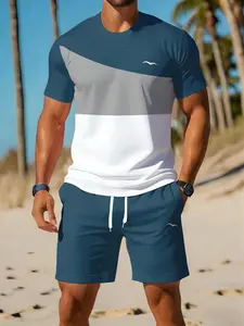 Men's Colorblock Short Sleeve T-Shirt Sporty Casual Set, Summer Beach Breathable Quick-Dry Top and Shorts Two-Piece, Summer Fitness Outfit, Athleisure Summer Clothes