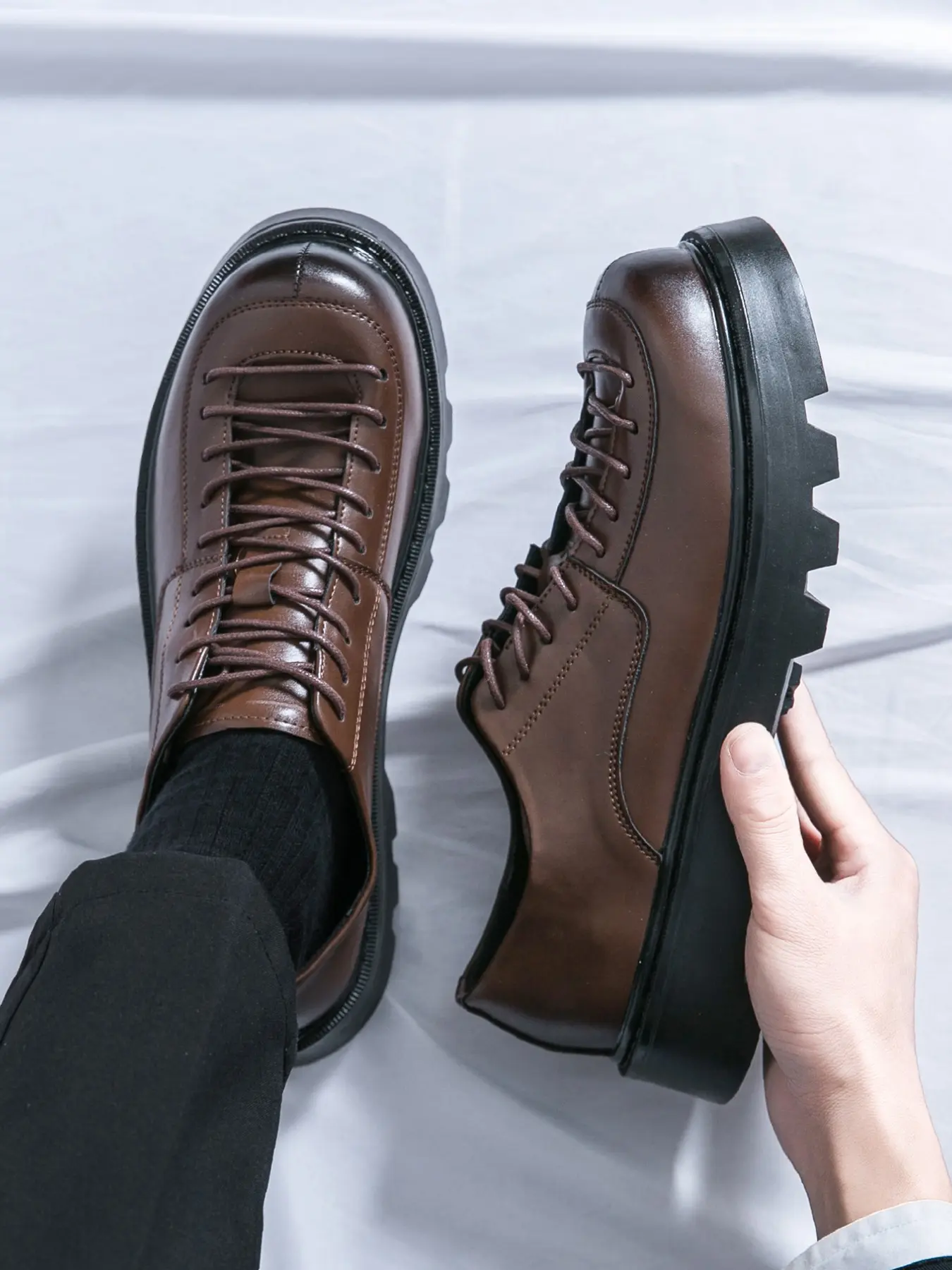 Men's New Trendy Thick Sole Rubber Height Increasing Derby Shoes, Vintage Casual Office Business Style, Unique Design for Middle-Aged Men