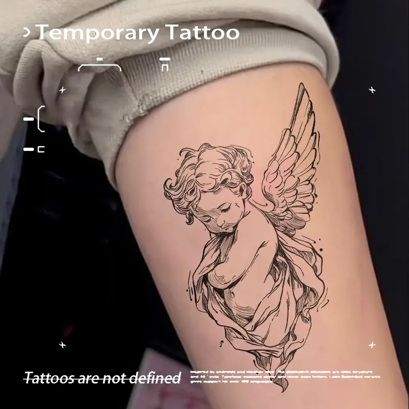 Vintage Praying Angel Herbal Juice Temporary Tattoo Sticker Premium Quality Waterproof Long Lasting Non-reflective Realistic Fake Tattoo Body Fake Tattoos Ins Premium Style Arm Thigh Body Sticker