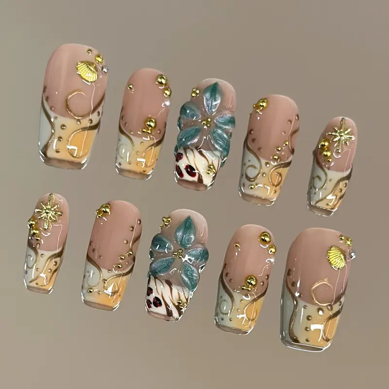 NailVesta GOLDEN CAMELLIA – 100% Handcrafted 3D Press-On Nails | Reusable, Long-Lasting, Salon-Quality black lace nail art nail art