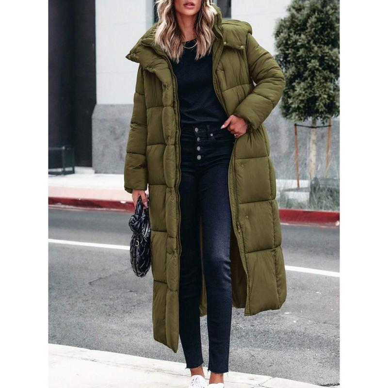 Women's Army Green Long Winter Coats Hooded Zip Up Casual Baggy Jackets Warm Clothes Outerwear Drawstring Fabric Fit Sleeve Daily Travel Basic Tops