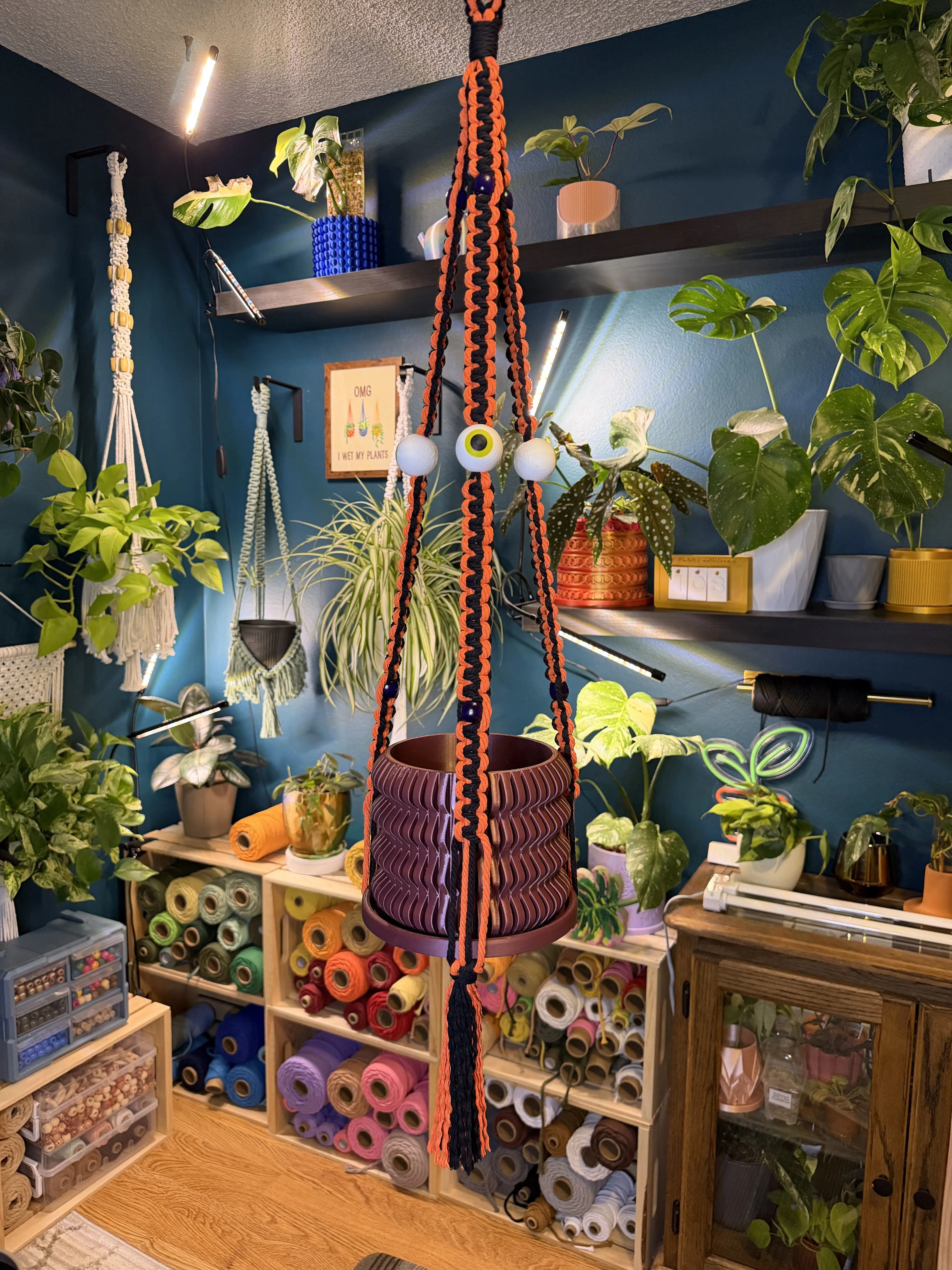 Spooky Eye Macrame Plant Hanger - Orange & Black Halloween Special (6-8" Pots)