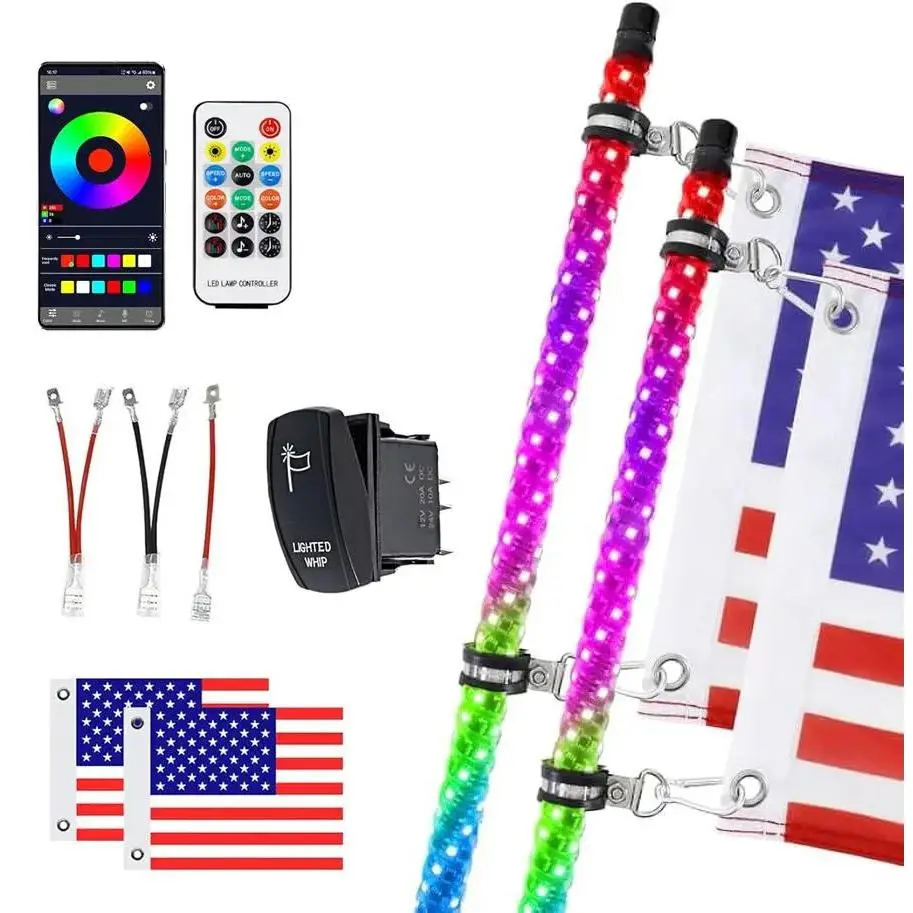 2 Pack 2FT Whip Lights with Spring Base, LED Whip Light with App & Remote Control, Spiral RGB Chasing Lighted Whips with Rocker, Music Whip Light for