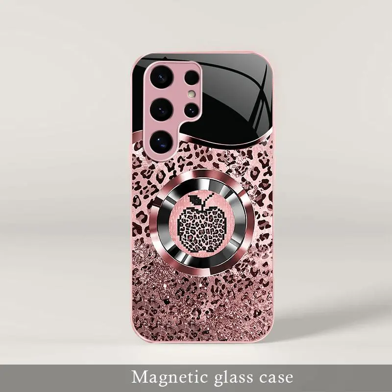 Trending “Affordable Luxury” Pink Glitter Mermaid Scale & Leopard Print MagSafe Glass Case for Galaxy S24 Ultra — 9435