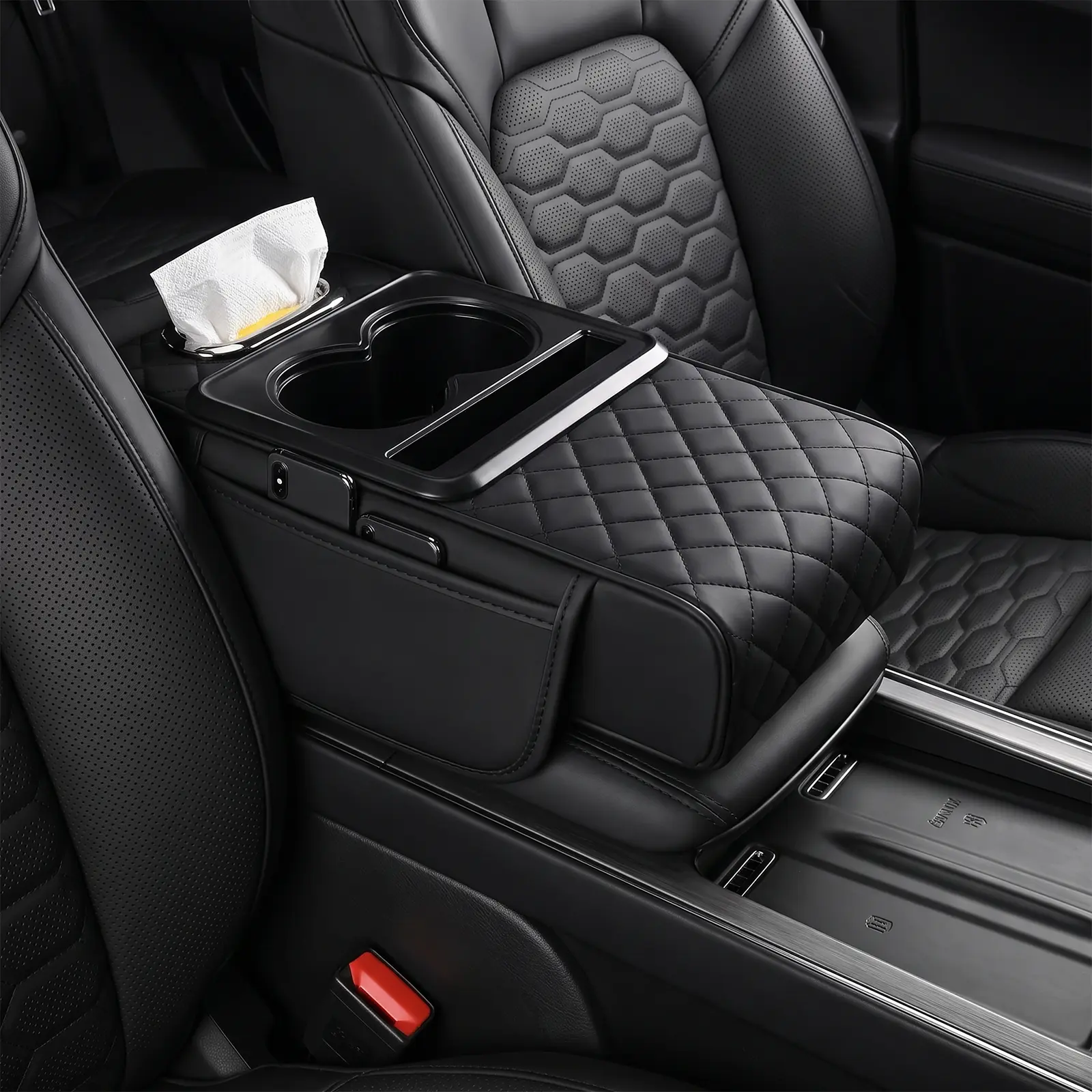 Car armrest storage bag, multi-functional 4-in-1 mat, suitable for car armrests, car storage bags, car center console organizers, and includes cup holders and phone holders, ideal for long-distance driving trips.