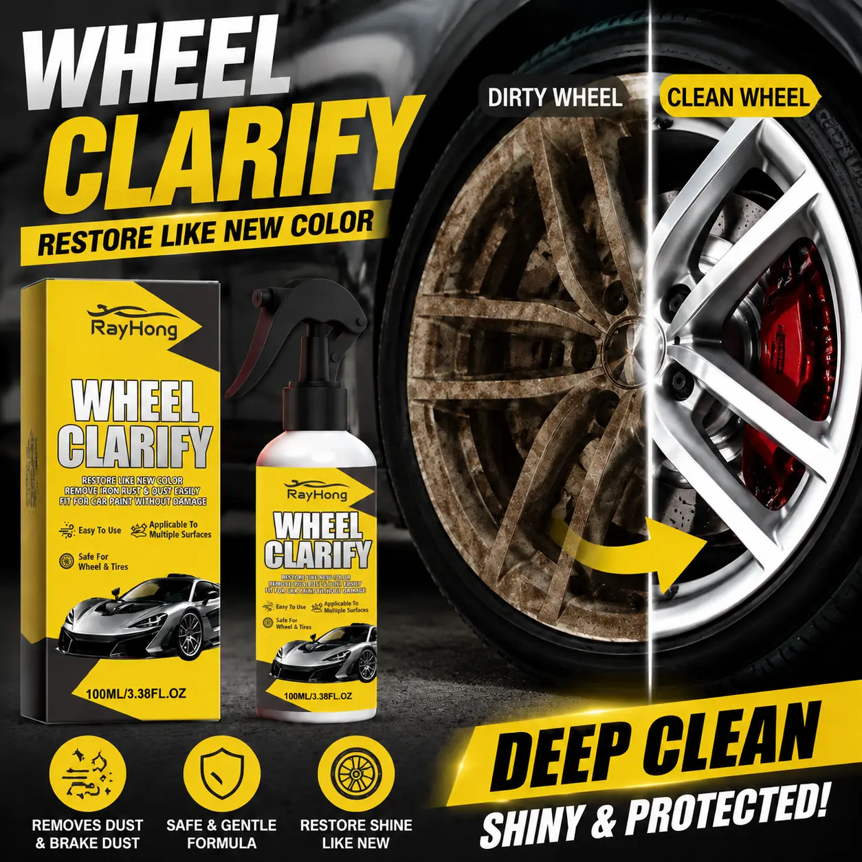 Multi Automotive Rust Remover Spray Wheel Brake Dust Iron Removal Metal Primer Cleaner Rust Stain Remove Tough Dirt Deep Stain Removal Oil Residue for Wheels Car Body for All Car Types