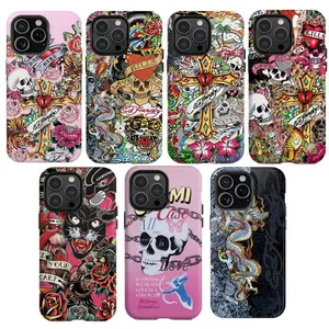 Pink Ed Hardy Skull Leopard Tattoo iPhone Case Compatible with iPhone 15 16 14 17 Pro Max 13 12 11 XR AIR XS Plus Cute Soft Silicone Drop Protection Rugged and Durable gift for her men's cool gadgets iphone 17 pro max cases girls