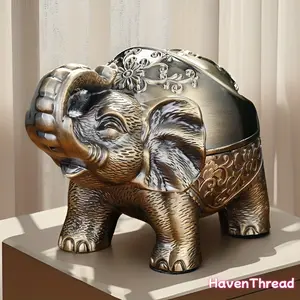Vintage Metal Elephant Ashtray with Lid - Decorative Resin Accent, Rustic Golden-Black Design, Intricate Floral Details, Indoor/Outdoor Home Supplies, Ideal for Office Decor, Unique Gift for Male Recipients