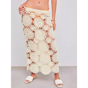Cider [size 4-8] Knitted Mid Rise Hollow Out Split See-through Midi Skirt Dealsforyou